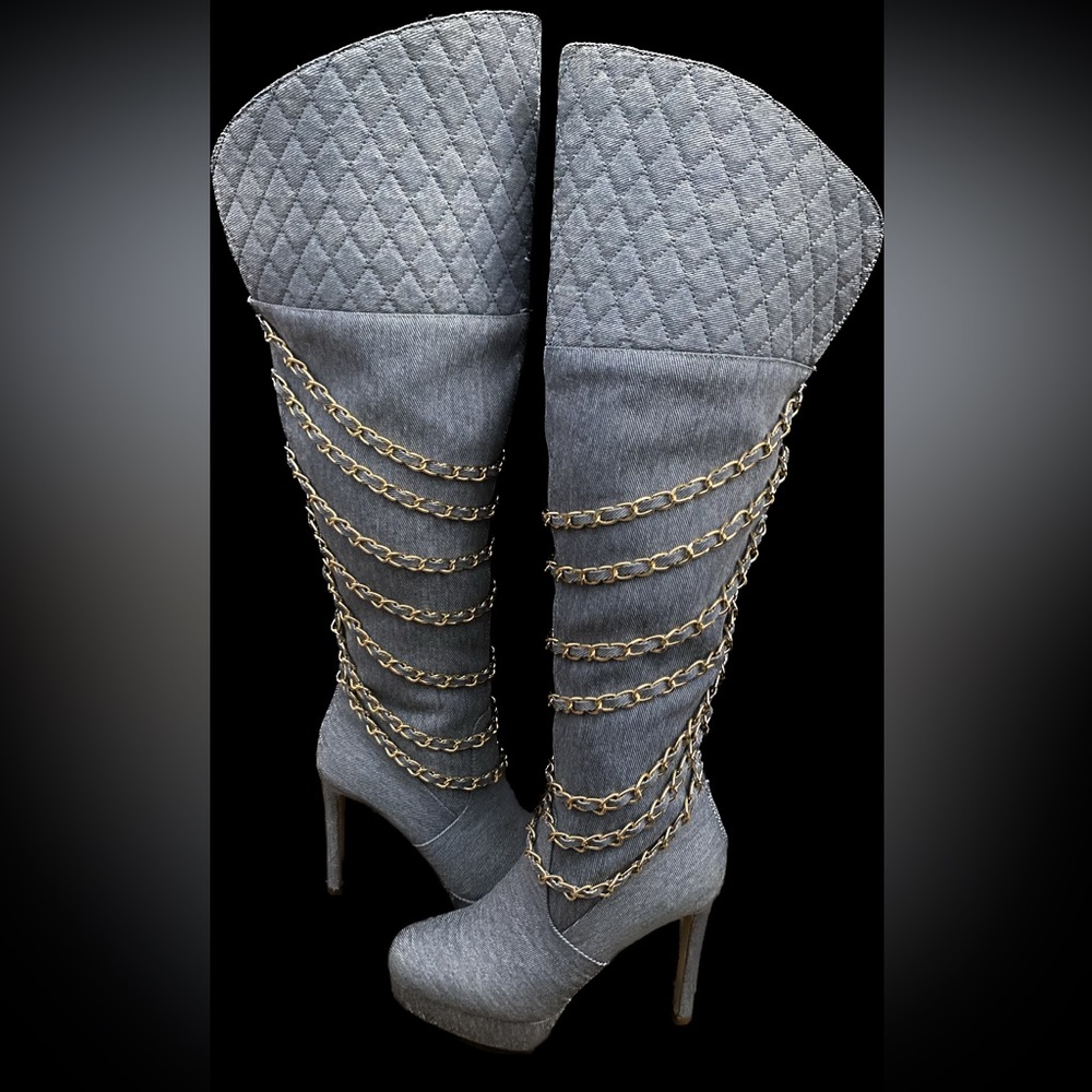 - Denim thigh high boots